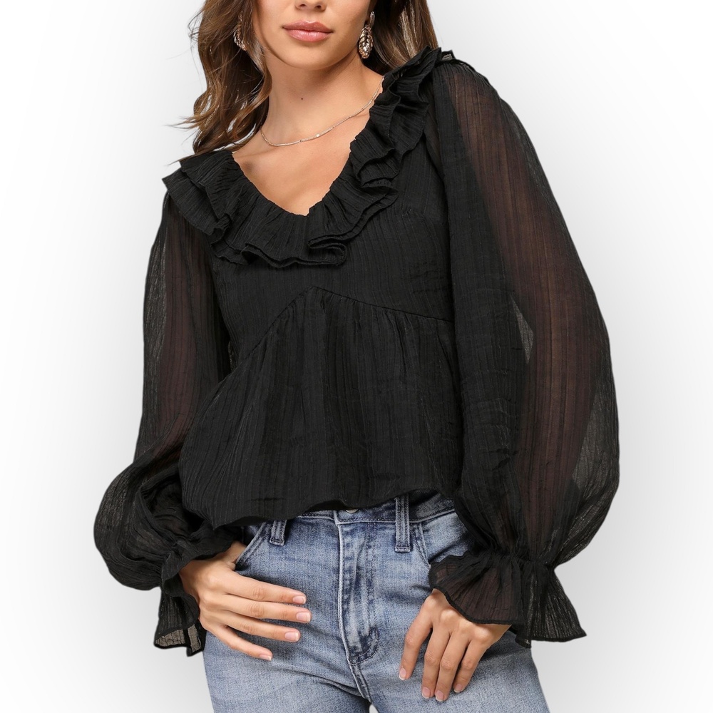 NWT Lulu’s Lavish Babe Black Pleated Ruffle Tiered Long Sleeve Top XS